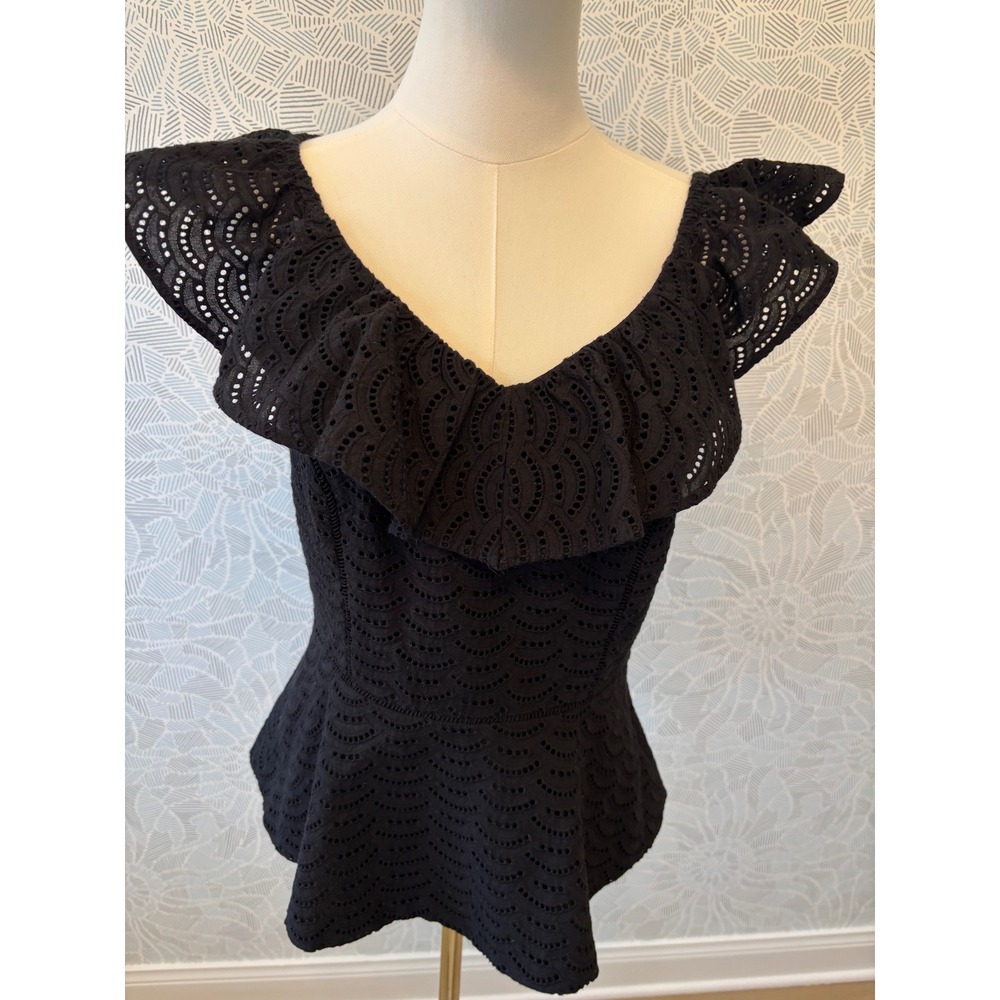 Eyelet Lace Structured Peplum Top Ruffle V-Neck Flutter Sleeve White House Black